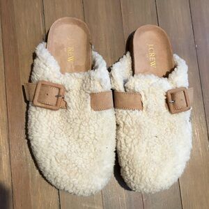 J. Crew Cream Shearling Slip on clogs with Tan Buckle